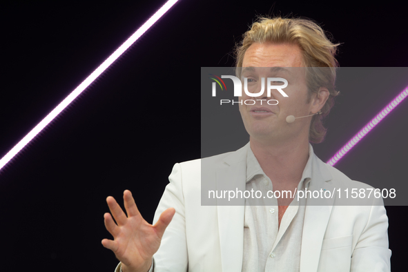 Nico Rosberg, Formula One World Champion, speaks at Media Park on the second day of Deutsche Telekom's Digital X event in Cologne, Germany,...