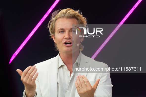 Nico Rosberg, Formula One World Champion, speaks at Media Park on the second day of Deutsche Telekom's Digital X event in Cologne, Germany,...