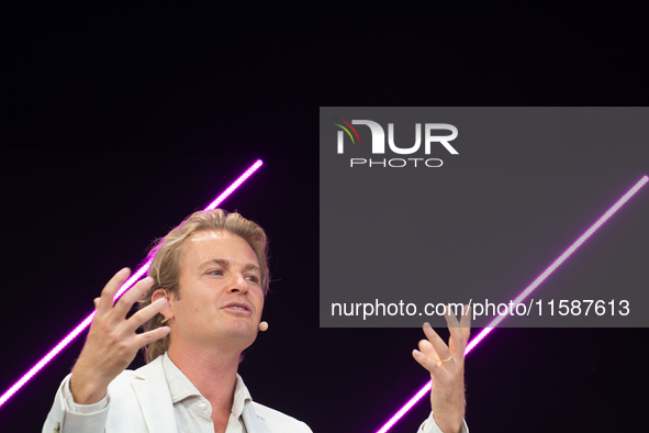 Nico Rosberg, Formula One World Champion, speaks at Media Park on the second day of Deutsche Telekom's Digital X event in Cologne, Germany,...