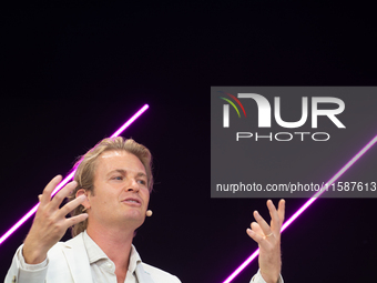 Nico Rosberg, Formula One World Champion, speaks at Media Park on the second day of Deutsche Telekom's Digital X event in Cologne, Germany,...