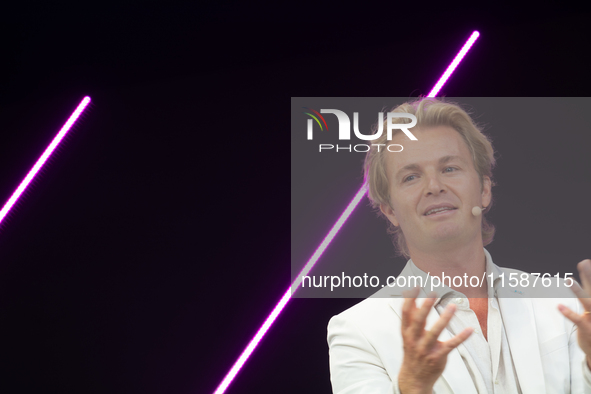 Nico Rosberg, Formula One World Champion, speaks at Media Park on the second day of Deutsche Telekom's Digital X event in Cologne, Germany,...