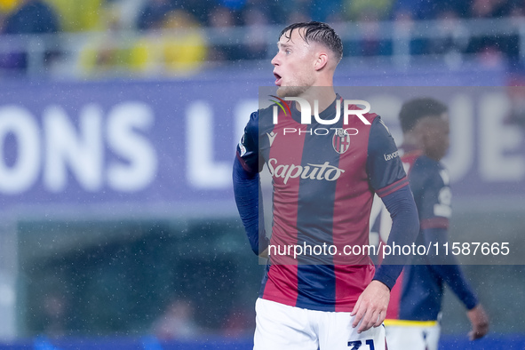 Sam Beukema of Bologna FC yells during the UEFA Champions League 2024/25 League Phase MD1 match between Bologna FC and FC Shakhtar Donetsk a...