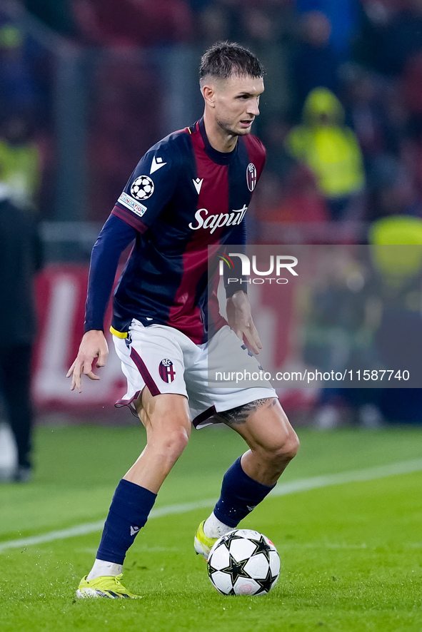 Stefan Posch of Bologna FC during the UEFA Champions League 2024/25 League Phase MD1 match between Bologna FC and FC Shakhtar Donetsk at Sta...