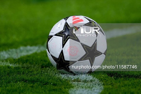 Official UEFA Champions league match ball during the UEFA Champions League 2024/25 League Phase MD1 match between Bologna FC and FC Shakhtar...