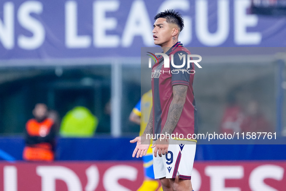 Santiago Castro of Bologna FC reacts during the UEFA Champions League 2024/25 League Phase MD1 match between Bologna FC and FC Shakhtar Done...