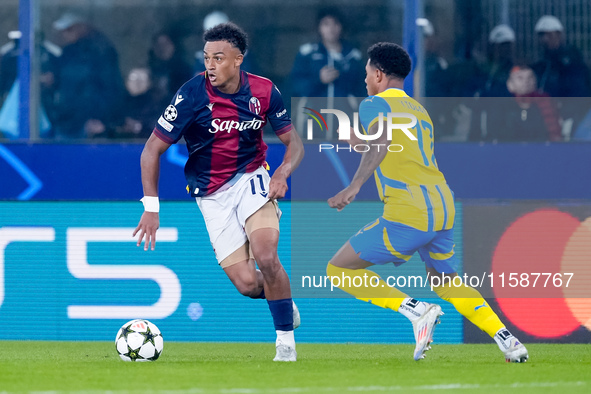 Dan Ndoye of Bologna FC and Vinicius Tobias of FC Shakhtar Donetsk compete for the ball during the UEFA Champions League 2024/25 League Phas...