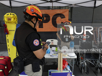 The civil protection team participates on September 19, 2024, during the National Drill 2024 in the Zocalo of Mexico City, Mexico, and sever...