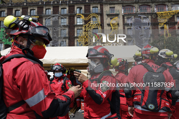 Members of the Secretary of the Navy participate in the National Drill 2024 in the Zocalo of Mexico City, Mexico, on September 19, 2024, to...