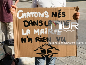 Protesters from the Ron Rhone association stand in front of the Villeurbanne town hall to urge the city's mayor to sterilize stray cats in V...