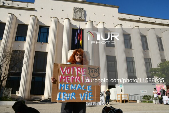 Protesters from the Ron Rhone association stand in front of the Villeurbanne town hall to urge the city's mayor to sterilize stray cats in V...