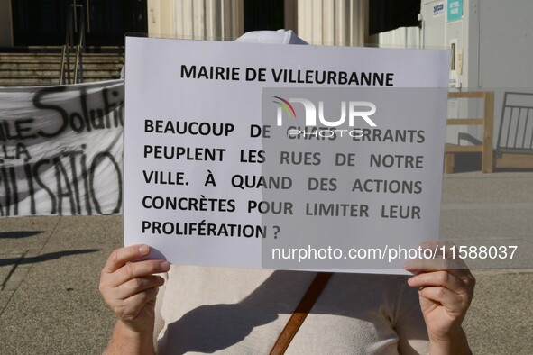 Protesters from the Ron Rhone association stand in front of the Villeurbanne town hall to urge the city's mayor to sterilize stray cats in V...