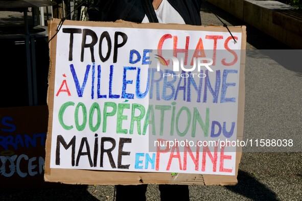 Protesters from the Ron Rhone association stand in front of the Villeurbanne town hall to urge the city's mayor to sterilize stray cats in V...