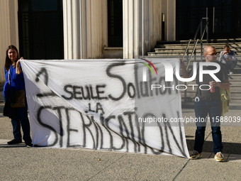 Protesters from the Ron Rhone association stand in front of the Villeurbanne town hall to urge the city's mayor to sterilize stray cats in V...