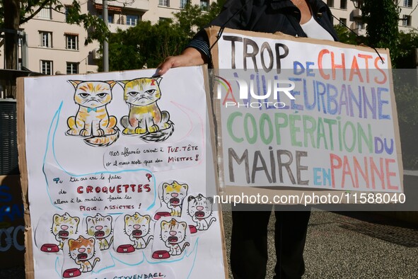 Protesters from the Ron Rhone association stand in front of the Villeurbanne town hall to urge the city's mayor to sterilize stray cats in V...