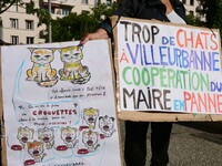 Protesters from the Ron Rhone association stand in front of the Villeurbanne town hall to urge the city's mayor to sterilize stray cats in V...