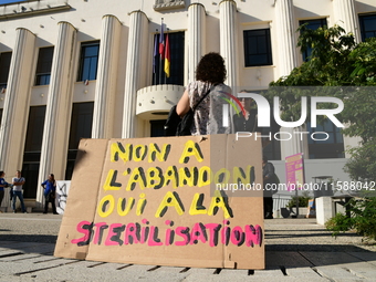 Protesters from the Ron Rhone association stand in front of the Villeurbanne town hall to urge the city's mayor to sterilize stray cats in V...