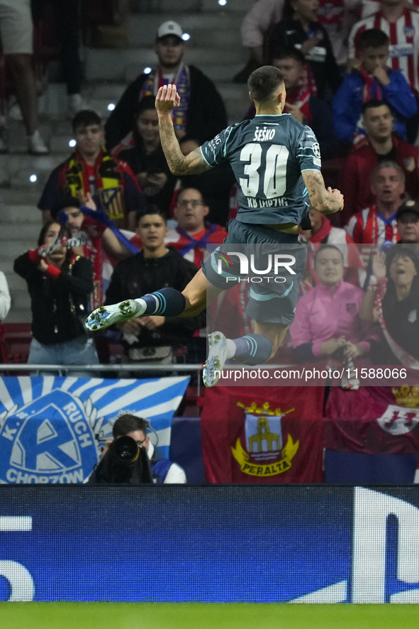 Benjamin Sesko centre-forward of RB Leipzig and Slovenia celebrates after scoring his sides first goal during the UEFA Champions League 2024...