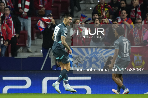 Benjamin Sesko centre-forward of RB Leipzig and Slovenia celebrates after scoring his sides first goal during the UEFA Champions League 2024...