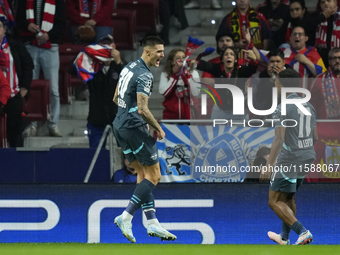 Benjamin Sesko centre-forward of RB Leipzig and Slovenia celebrates after scoring his sides first goal during the UEFA Champions League 2024...