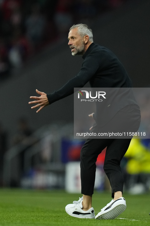 Marco Rose head coach of RB Leipzig reacts during the UEFA Champions League 2024/25 League Phase MD1 match between Atletico de Madrid and RB...