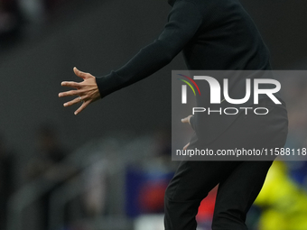 Marco Rose head coach of RB Leipzig reacts during the UEFA Champions League 2024/25 League Phase MD1 match between Atletico de Madrid and RB...