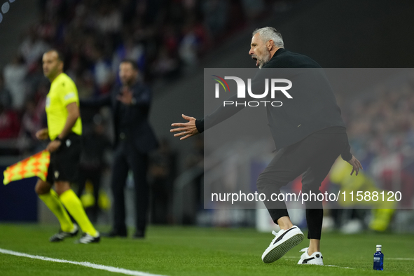 Marco Rose head coach of RB Leipzig reacts during the UEFA Champions League 2024/25 League Phase MD1 match between Atletico de Madrid and RB...