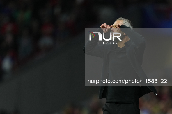 Marco Rose head coach of RB Leipzig reacts during the UEFA Champions League 2024/25 League Phase MD1 match between Atletico de Madrid and RB...