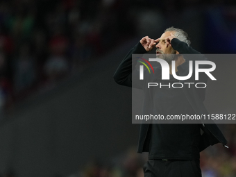 Marco Rose head coach of RB Leipzig reacts during the UEFA Champions League 2024/25 League Phase MD1 match between Atletico de Madrid and RB...