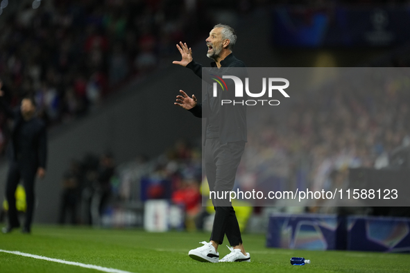 Marco Rose head coach of RB Leipzig reacts during the UEFA Champions League 2024/25 League Phase MD1 match between Atletico de Madrid and RB...