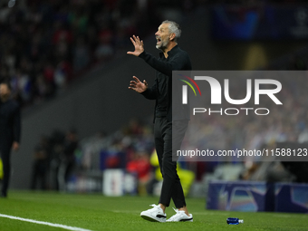 Marco Rose head coach of RB Leipzig reacts during the UEFA Champions League 2024/25 League Phase MD1 match between Atletico de Madrid and RB...