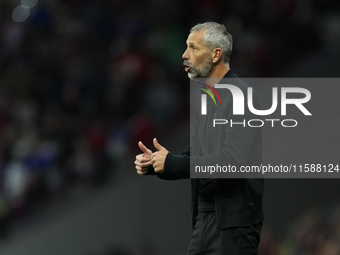 Marco Rose head coach of RB Leipzig reacts during the UEFA Champions League 2024/25 League Phase MD1 match between Atletico de Madrid and RB...