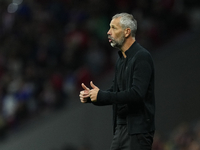 Marco Rose head coach of RB Leipzig reacts during the UEFA Champions League 2024/25 League Phase MD1 match between Atletico de Madrid and RB...