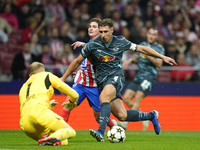 Julian Alvarez centre-forward of Atletico de Madrid and Argentina and Willi Orban centre-back of RB Leipzig and Hungary compete for the ball...