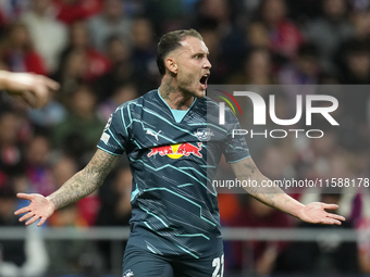 David Raum left-Back of RB Leipzig and Germany reacts during the UEFA Champions League 2024/25 League Phase MD1 match between Atletico de Ma...