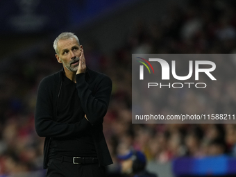 Marco Rose head coach of RB Leipzig reacts during the UEFA Champions League 2024/25 League Phase MD1 match between Atletico de Madrid and RB...