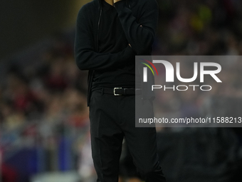 Marco Rose head coach of RB Leipzig reacts during the UEFA Champions League 2024/25 League Phase MD1 match between Atletico de Madrid and RB...