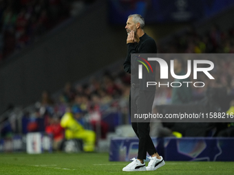 Marco Rose head coach of RB Leipzig reacts during the UEFA Champions League 2024/25 League Phase MD1 match between Atletico de Madrid and RB...