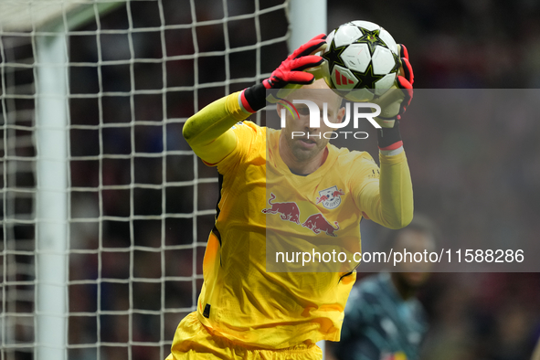 Peter Gulacsi goalkeeper of RB Leipzig and Hungary makes a save during the UEFA Champions League 2024/25 League Phase MD1 match between Atle...