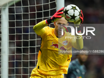 Peter Gulacsi goalkeeper of RB Leipzig and Hungary makes a save during the UEFA Champions League 2024/25 League Phase MD1 match between Atle...