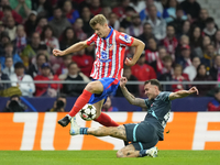 Alexander Sorloth centre-forward of Atletico de Madrid and Norway and David Raum left-Back of RB Leipzig and Germany compete for the ball du...