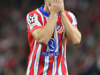 Alexander Sorloth centre-forward of Atletico de Madrid and Norway lament a failed occasion during the UEFA Champions League 2024/25 League P...