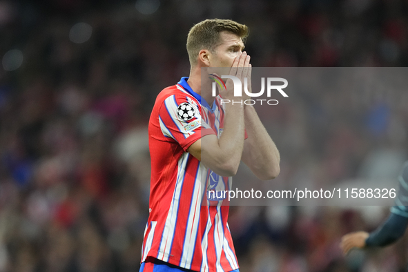 Alexander Sorloth centre-forward of Atletico de Madrid and Norway lament a failed occasion during the UEFA Champions League 2024/25 League P...