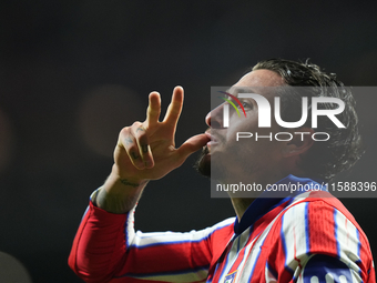 Jose Maria Gimenez centre-back of Atletico de Madrid and Uruguay celebrates after scoring his sides first goal during the UEFA Champions Lea...