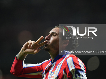 Jose Maria Gimenez centre-back of Atletico de Madrid and Uruguay celebrates after scoring his sides first goal during the UEFA Champions Lea...