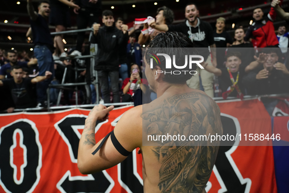 Jose Maria Gimenez centre-back of Atletico de Madrid and Uruguay celebrates victory with his supporters after winning the UEFA Champions Lea...