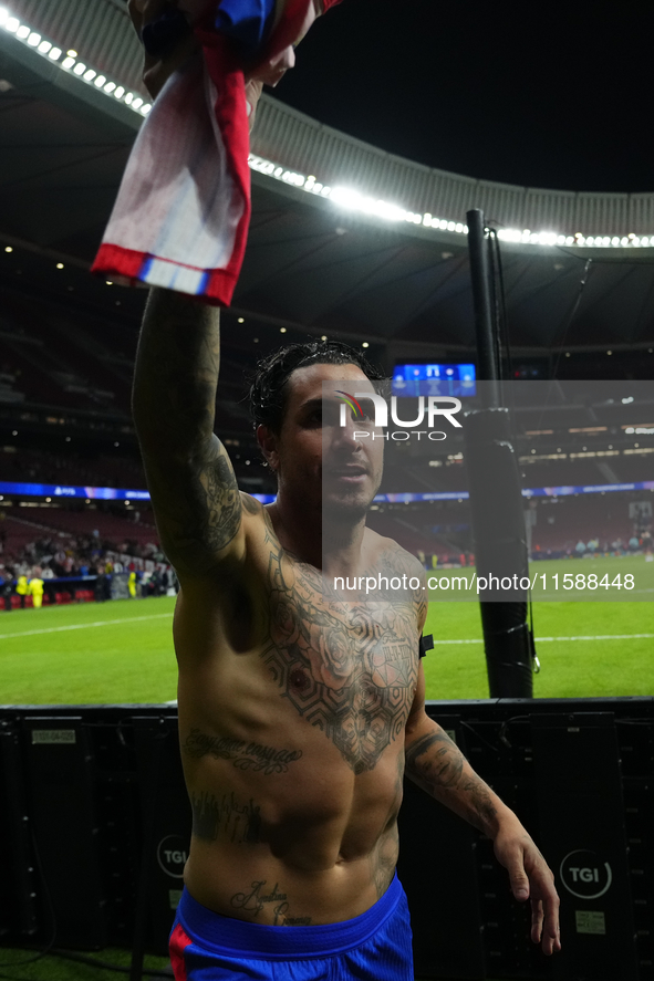 Jose Maria Gimenez centre-back of Atletico de Madrid and Uruguay celebrates victory with his supporters after winning the UEFA Champions Lea...