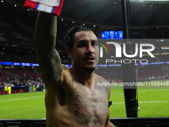 Jose Maria Gimenez centre-back of Atletico de Madrid and Uruguay celebrates victory with his supporters after winning the UEFA Champions Lea...