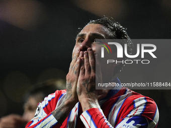 Jose Maria Gimenez centre-back of Atletico de Madrid and Uruguay celebrates after scoring his sides first goal during the UEFA Champions Lea...