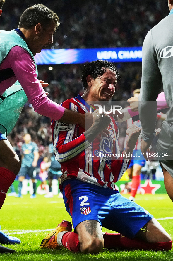 Jose Maria Gimenez centre-back of Atletico de Madrid and Uruguay celebrates after scoring his sides first goal during the UEFA Champions Lea...