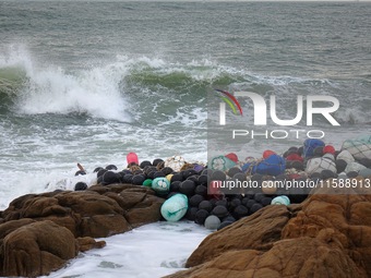 Floating balls for offshore farming come ashore with waves affected by Typhoon Pulasan in Qingdao, China, on September 20, 2024. (